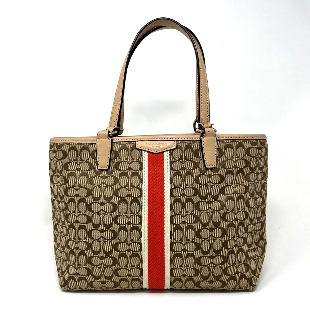 Coach Signature Silver Khaki Hot Orange Small Purse/Tote